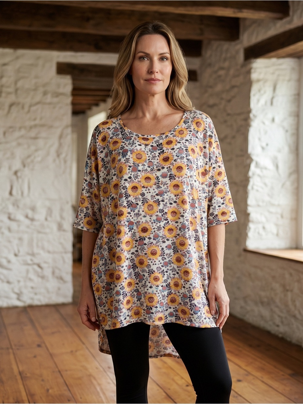 LuLaRoe Charming Sunflower Print Scoop Neck Flowy Tunic Top